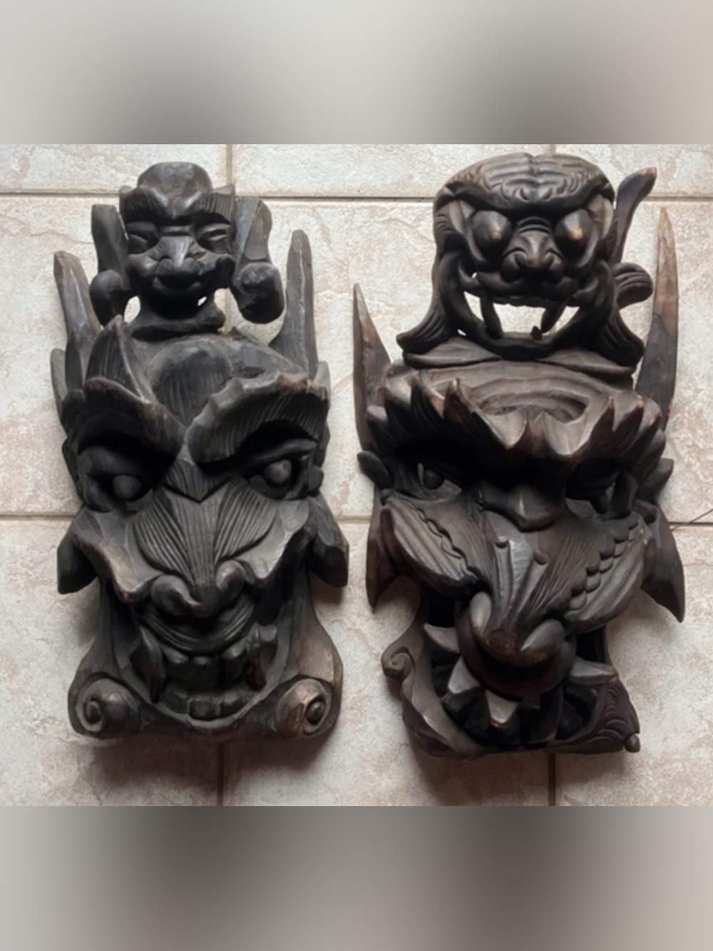Antique wooden carved Chinese masks set of two